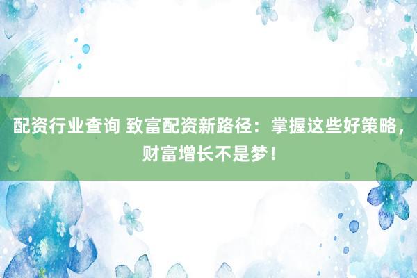 配资行业查询 致富配资新路径：掌握这些好策略，财富增长不是梦！